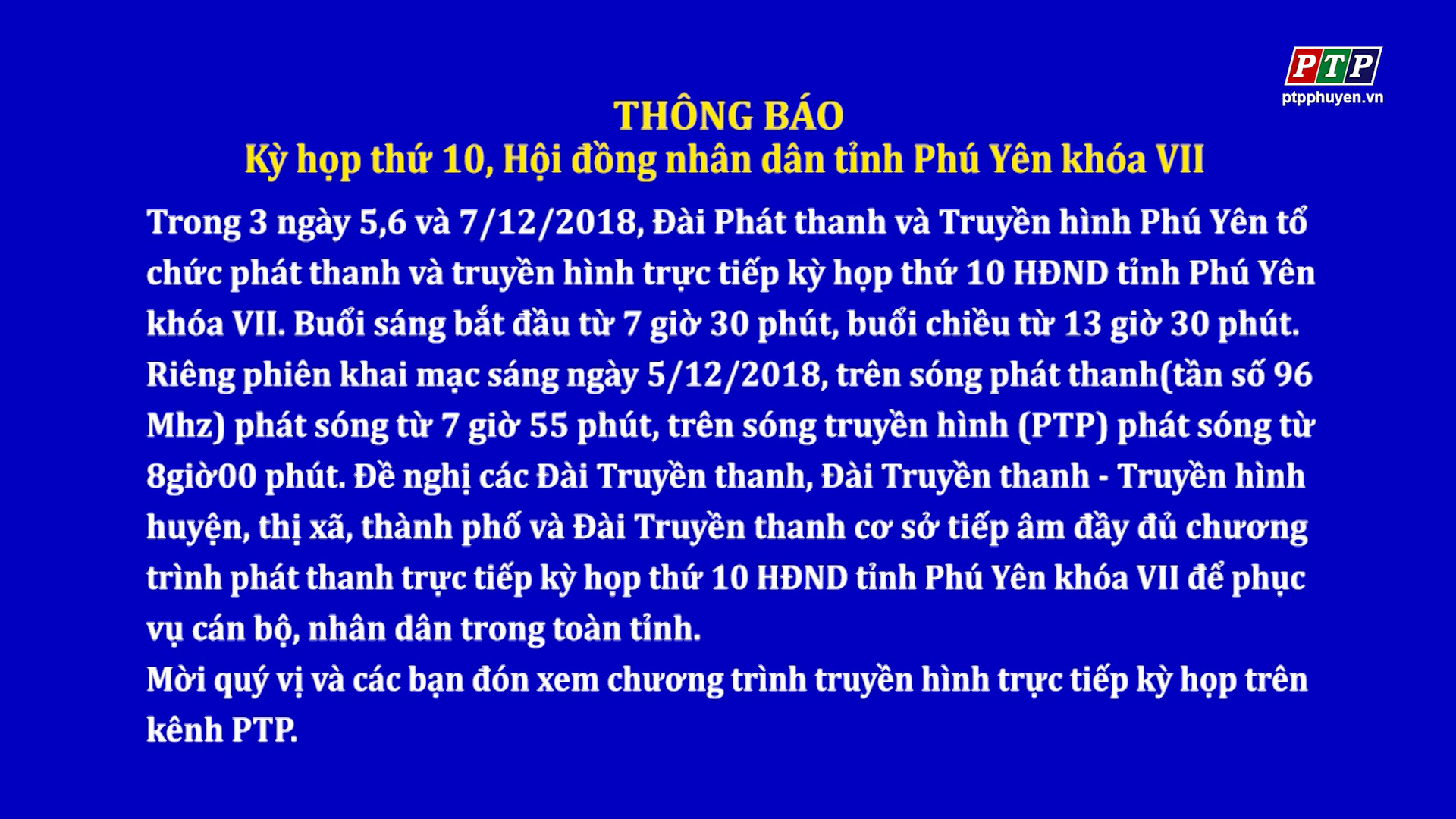 Thông báo họp Kỳ họp thứ 10, HĐND tỉnh Phú Yên khóa VII