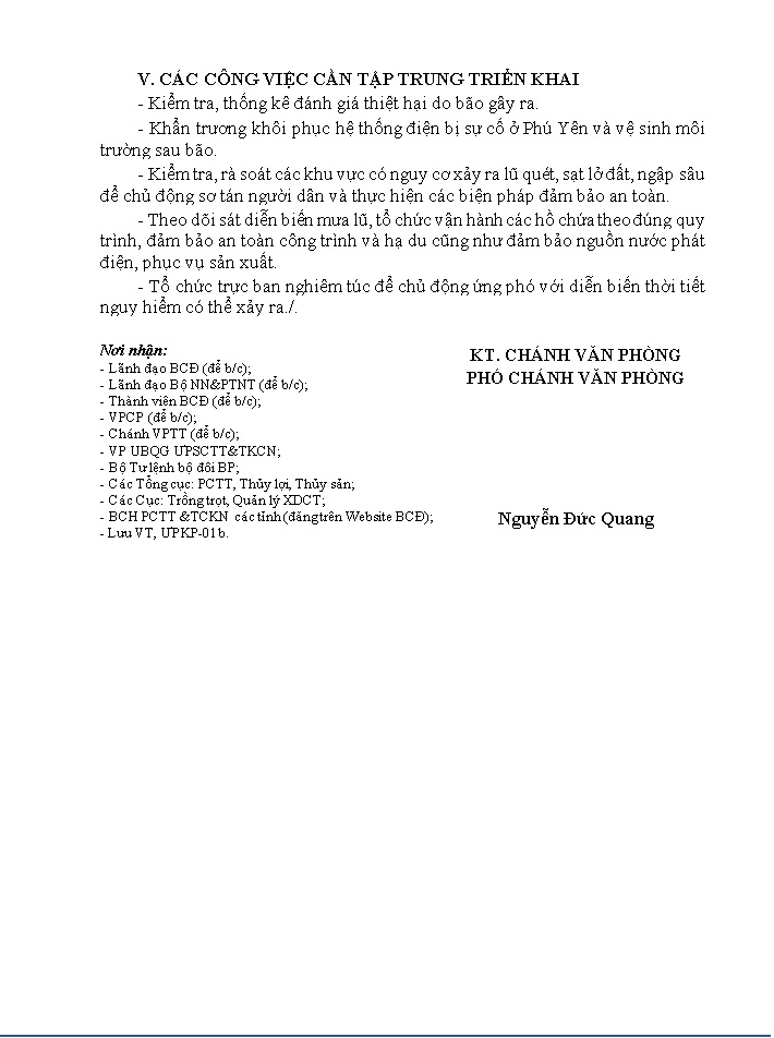 BAN CHỈ ĐẠO TW VỀ PHÒNG, CHỐNG THIÊN TAI: BÁO CÁO CÔNG TÁC TRỰC BAN PHÒNG CHỐNG THIÊN TAI NGÀY 10/11/2019