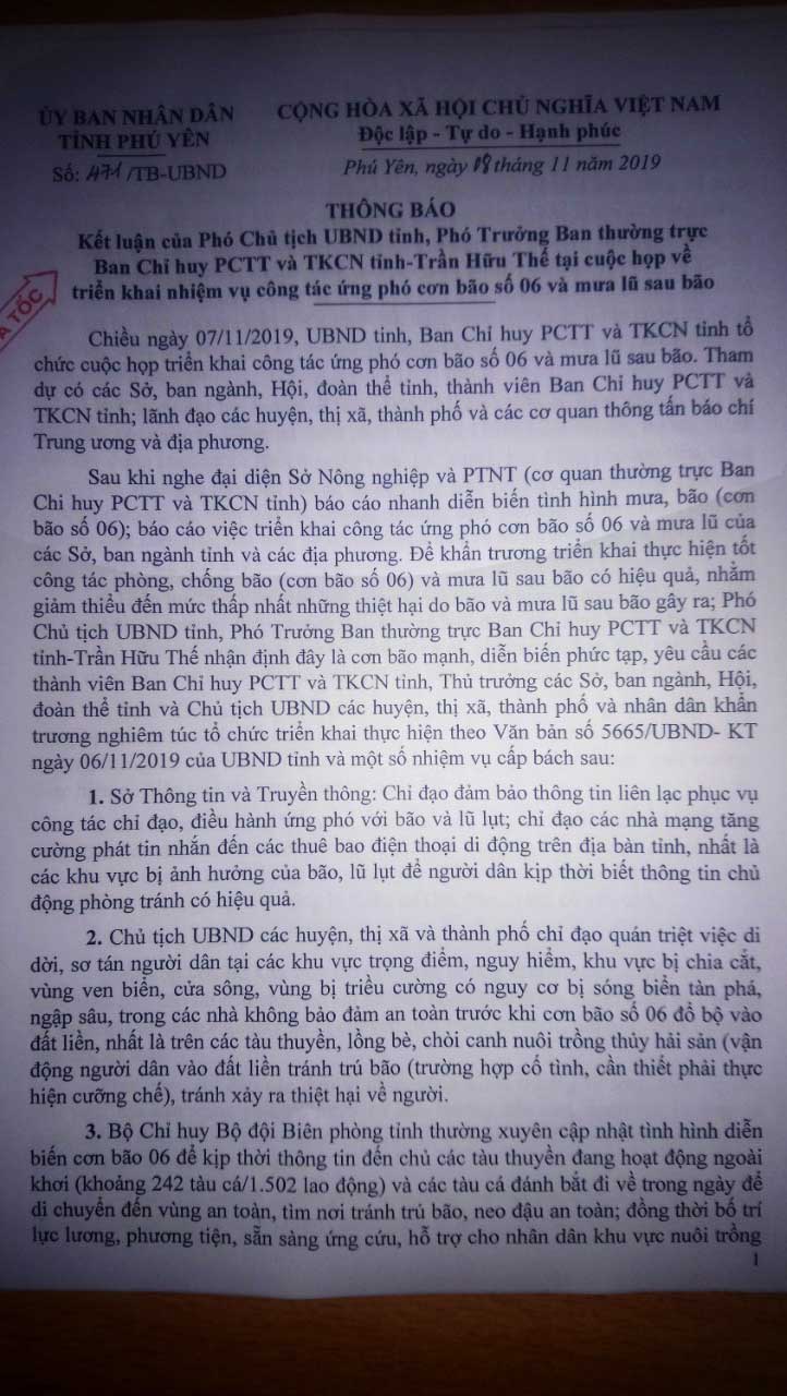 Thông báo kết luận của Phó CT. UBND tỉnh, Phó Trưởng ban thường trực Ban Chỉ huy PCTT & TKCN tỉnh Trần Hữu Thế tại cuộc họp về triển khai nhiệm vụ công tác ứng phó cơn bão số 6 và mưa lũ sau bão