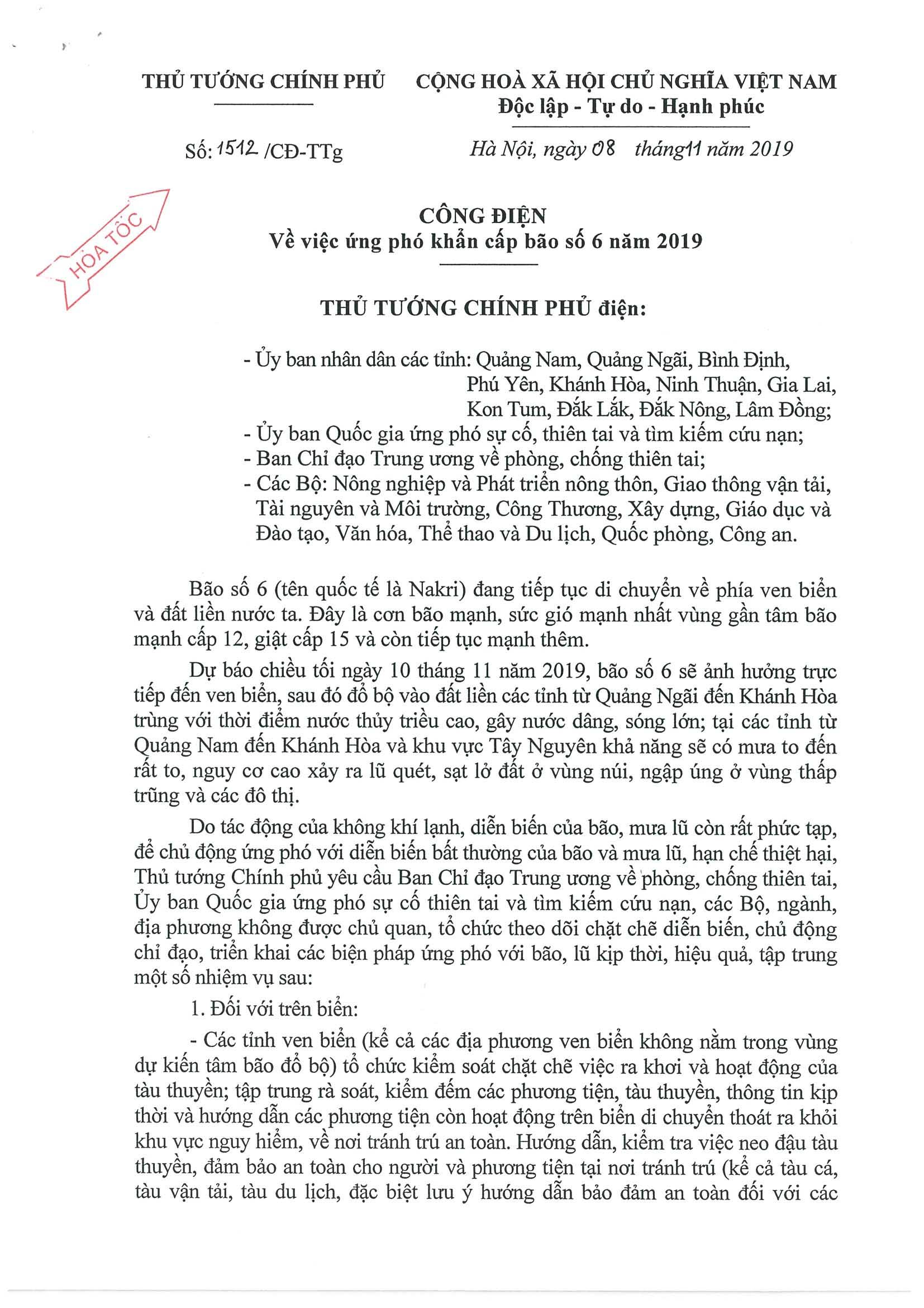 CÔNG ĐIỆN SỐ 1512/CDD-TTG CỦA THỦ TƯỚNG CHÍNH CHỦ VỀ VIỆC ỨNG PHÓ KHẨN CẤP BÃO SỐ 6 NĂM 2019