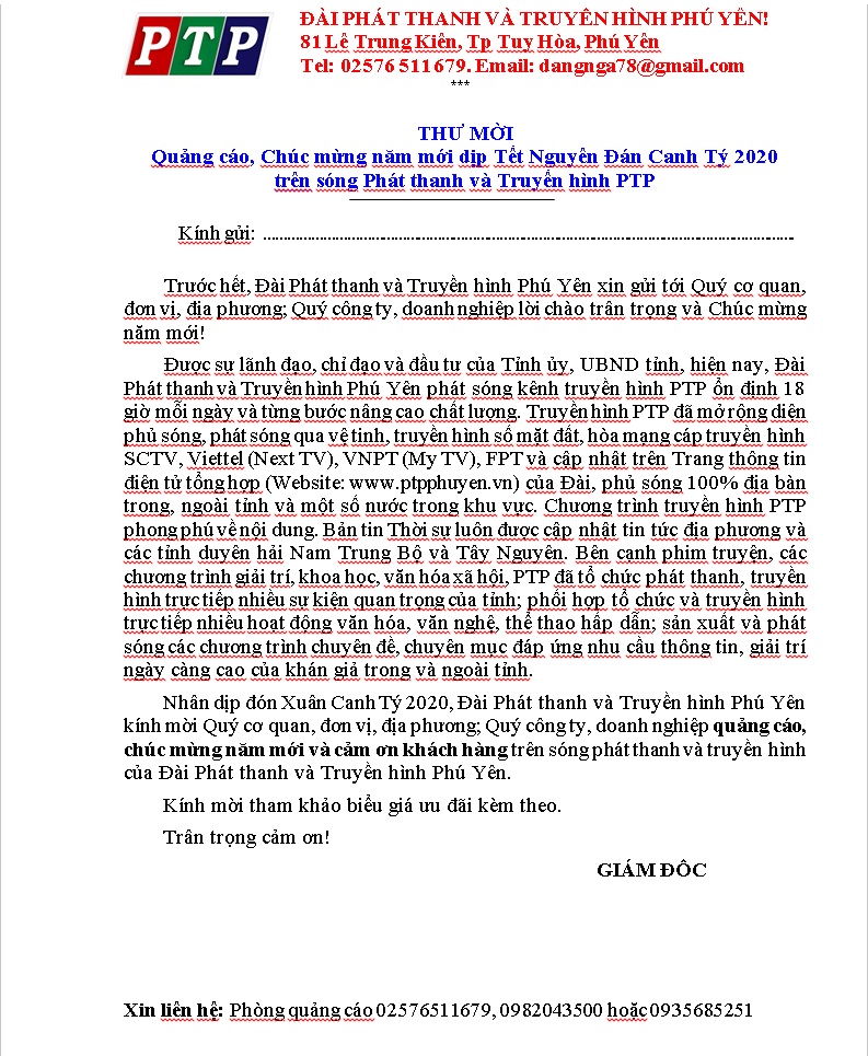 THƯ MỜI Quảng cáo, Chúc mừng năm mới dịp Tết Nguyên Đán Canh Tý 2020  trên sóng Phát thanh và Truyền hình PTP