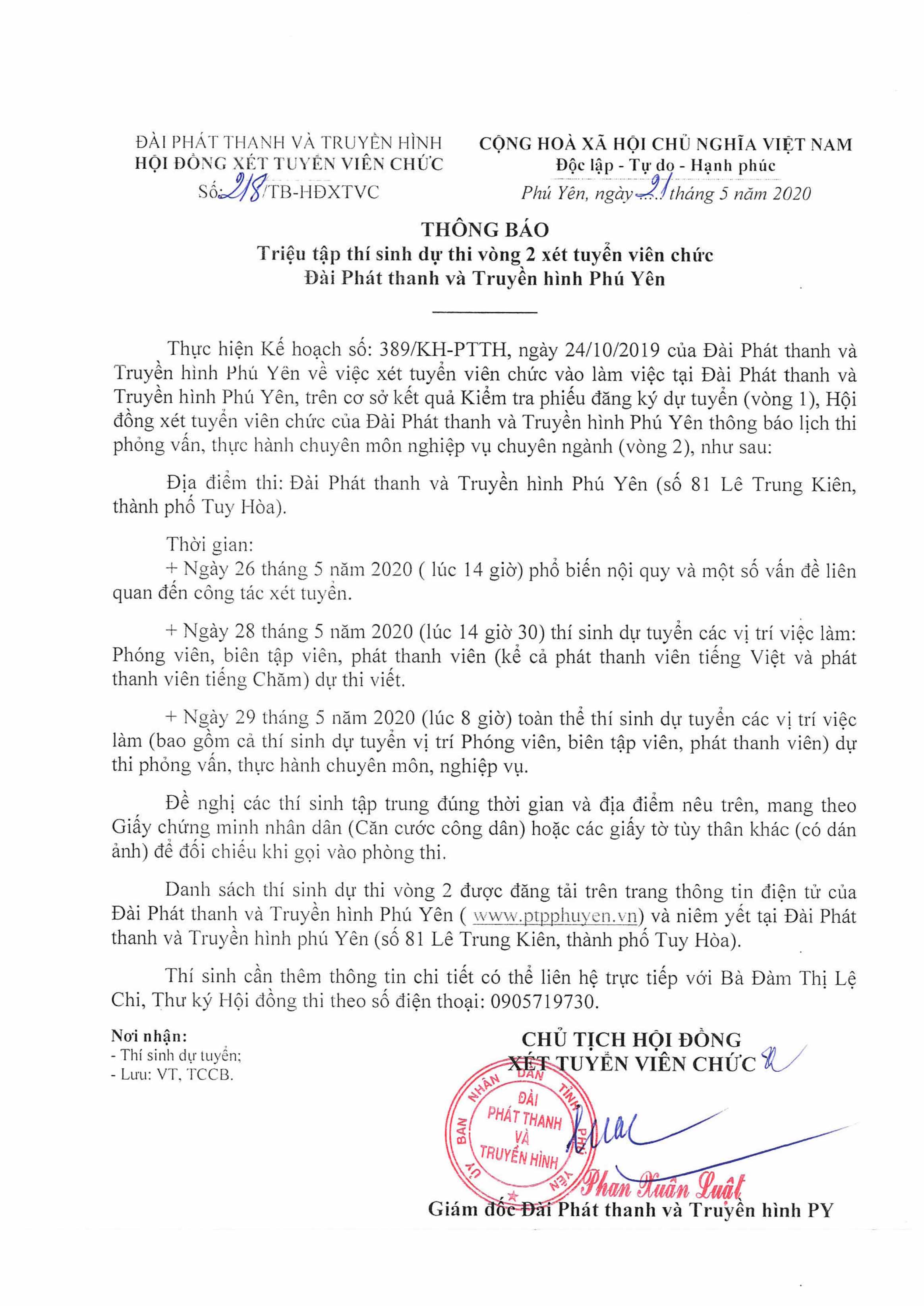 Thông báo Triệu Tập Thí Sinh Vòng 2 Xét Tuyển Viên Chức Đài PT&TH PY