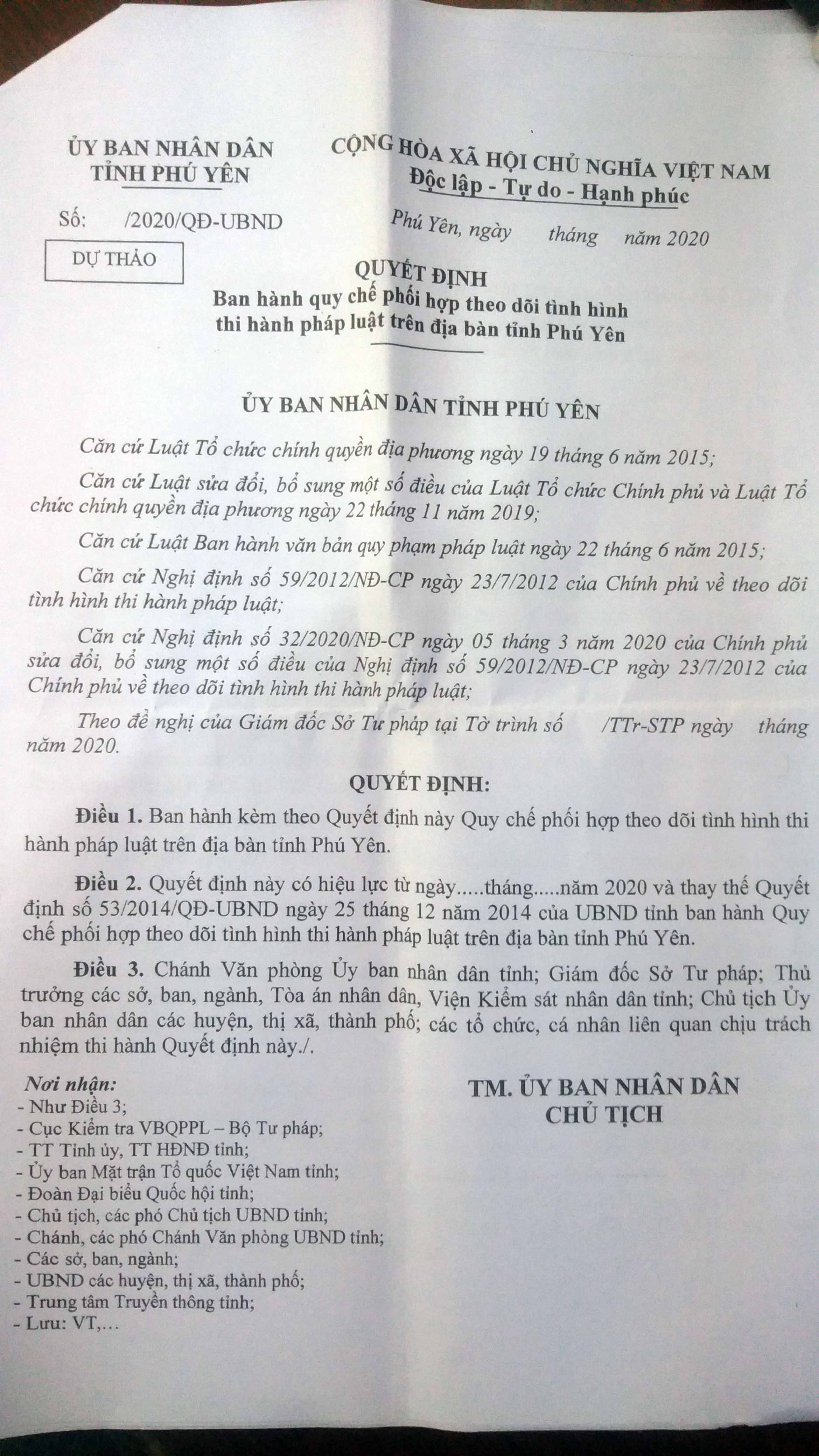 Dự Thảo Quyết Định Ban Hành Quy Chế Phối Hợp Theo Dõi Tình Hình Thi Hành Pháp Luật Trên Địa Bàn Tỉnh