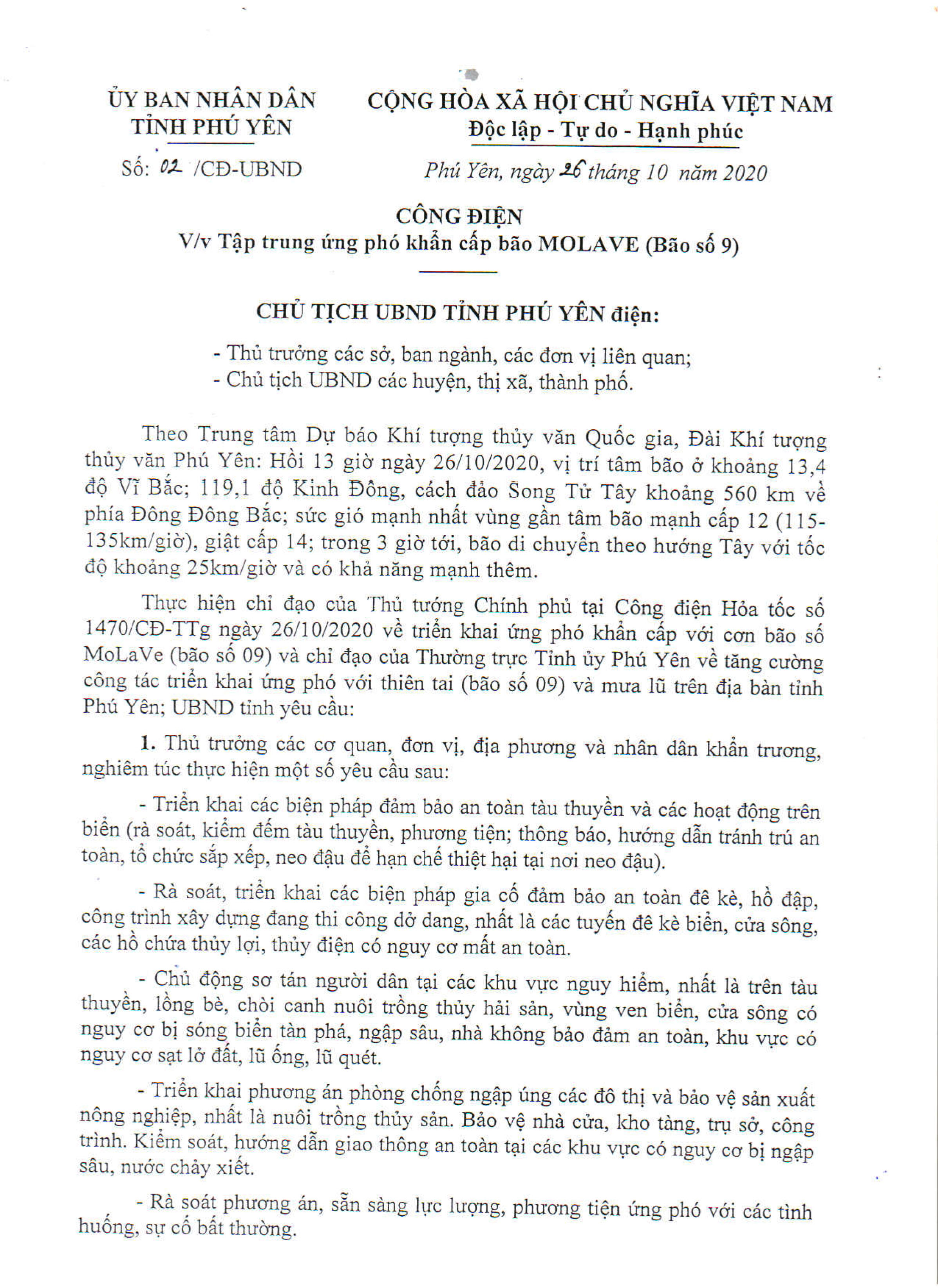 Công Điện V/v Tập Trung Ứng Phó Khẩn Cấp Bão MOLAVE (Bão Số 9) (1)