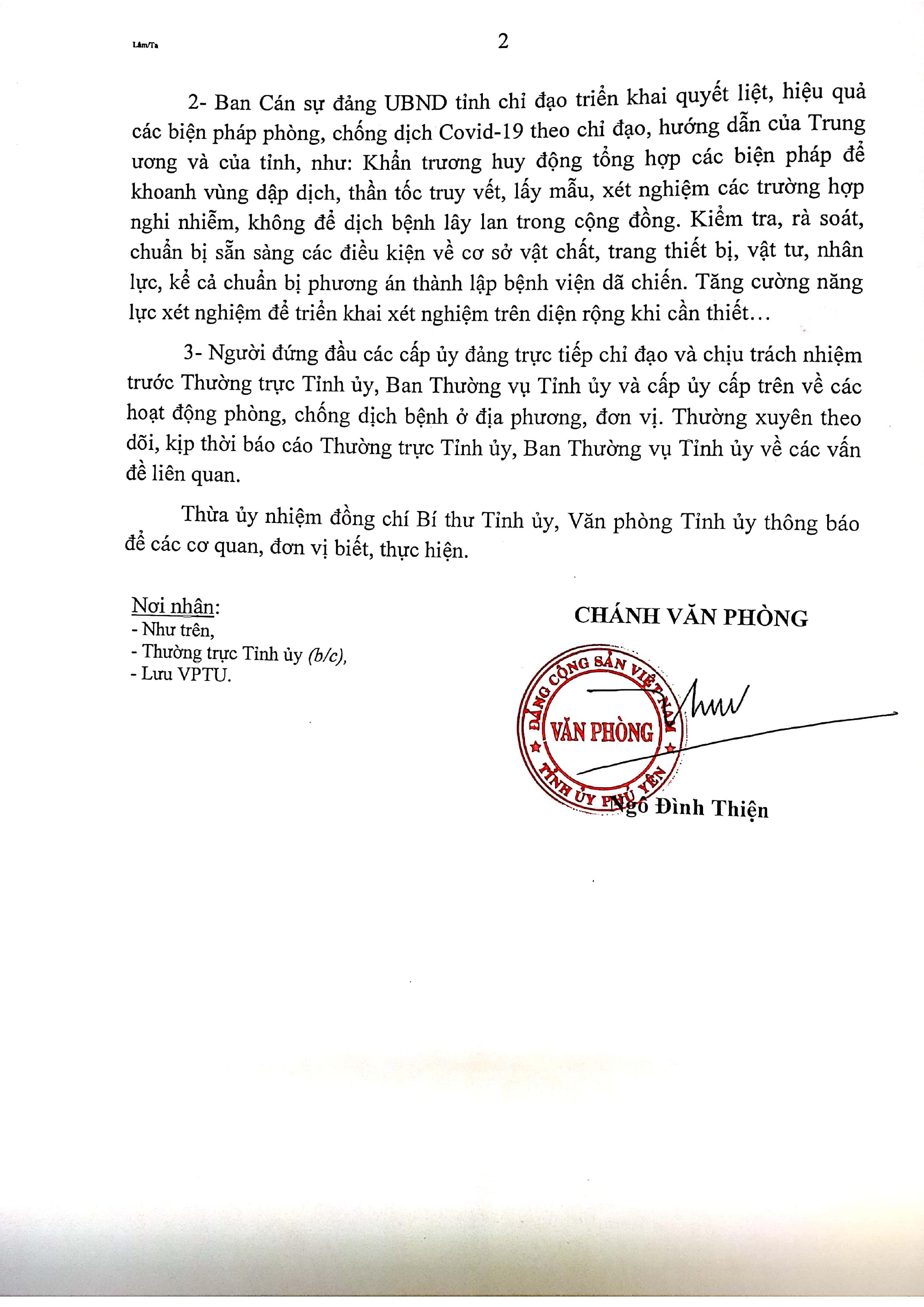 1298 CV/VPTU V/v khẩn trương thực hiện các biện pháp phòng, chống dịch Covid-19
