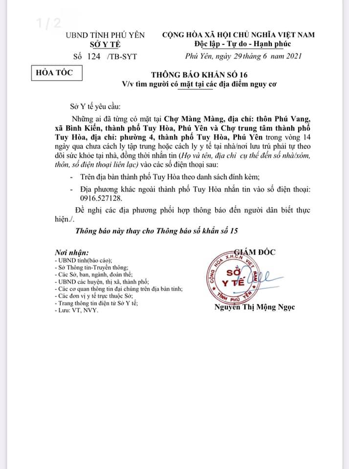 TB KHẨN SỐ 16 V/V TÌM NGƯỜI CÓ MẶT TẠI CÁC ĐỊA ĐIỂM CÓ NGUY CƠ