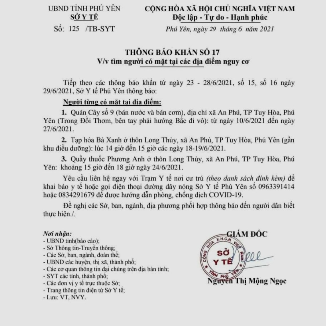 TB KHẨN SỐ 17 V/V TÌM NGƯỜI CÓ MẶT TẠI CÁC ĐỊA ĐIỂM CÓ NGUY CƠ