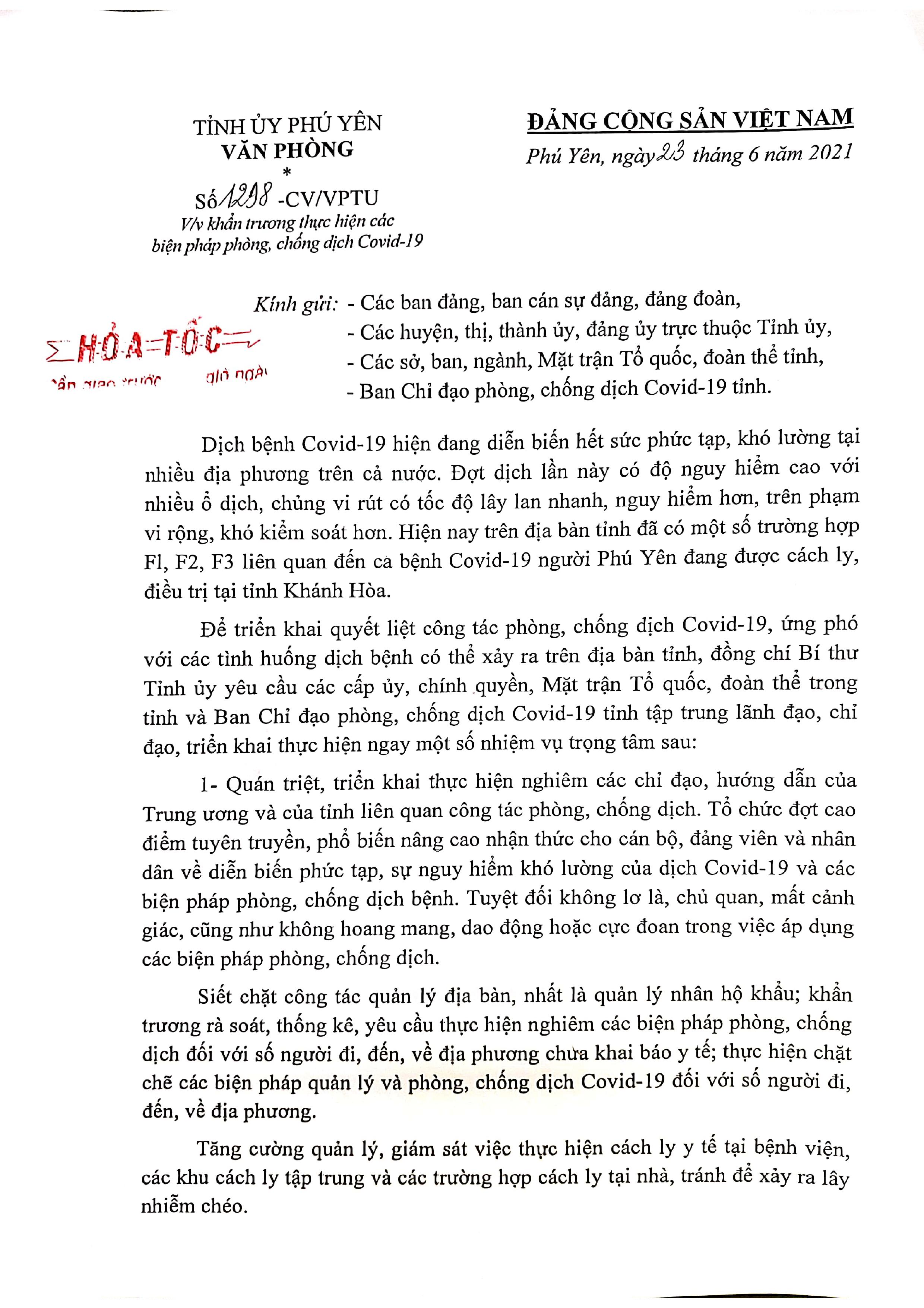 1298 CV/VPTU V/V KHẨN TRƯƠNG THỰC HIỆN CÁC BIÊN PHÁP PHÒNG, CHỐNG DỊCH COVID-19 (1)