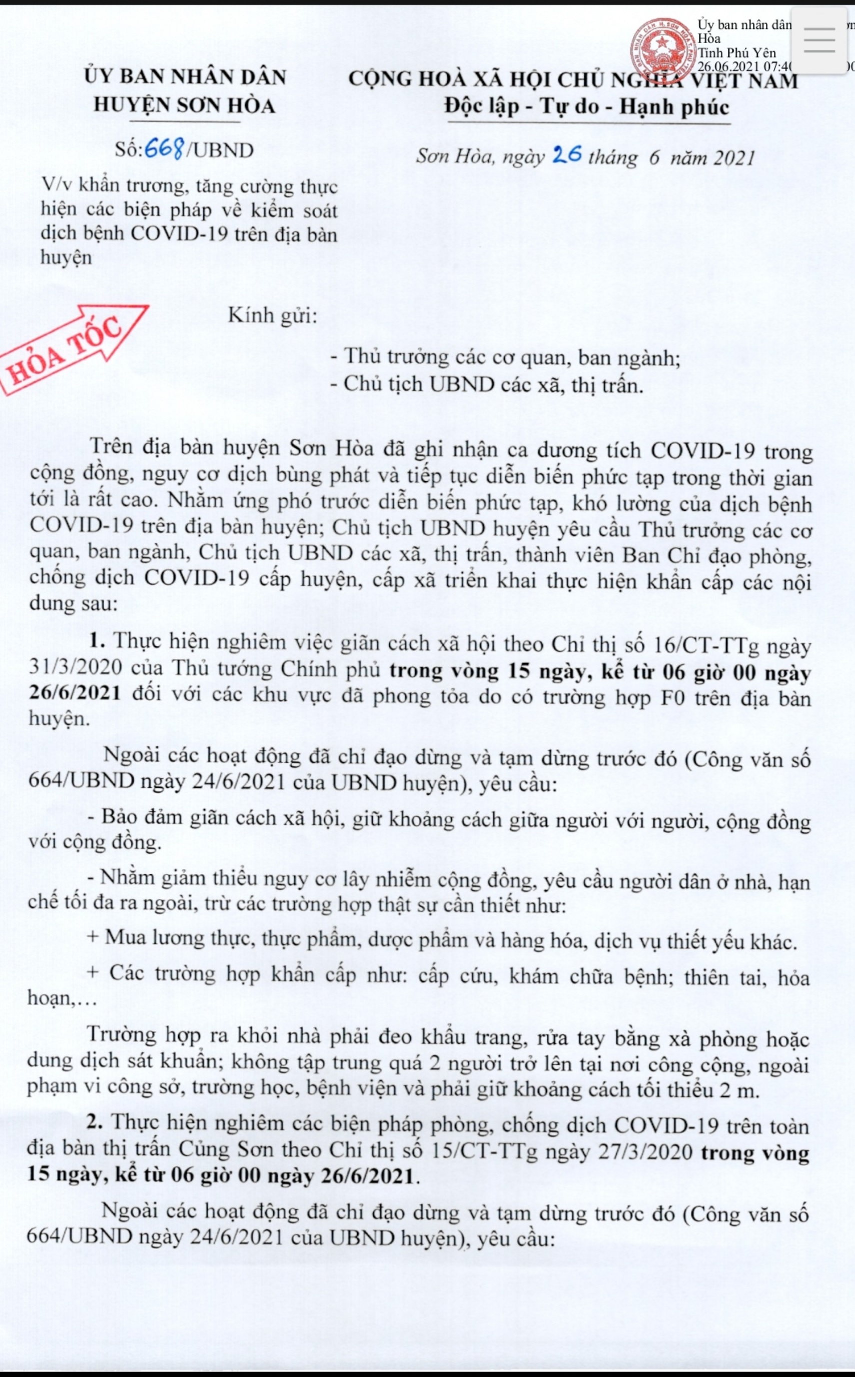 CV 668/UBND V/v khẩn trương, tăng cường thực hiện các biện pháp về kiểm soát dịch bệnh COVID-19 trên địa bàn huyện Sơn Hoà (1)