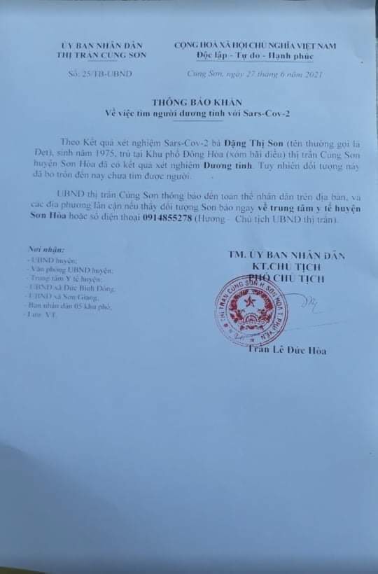 25/TB-UBND THÔNG BÁO KHẨN Về việc tìm người dương tính với Sars-Cov-2