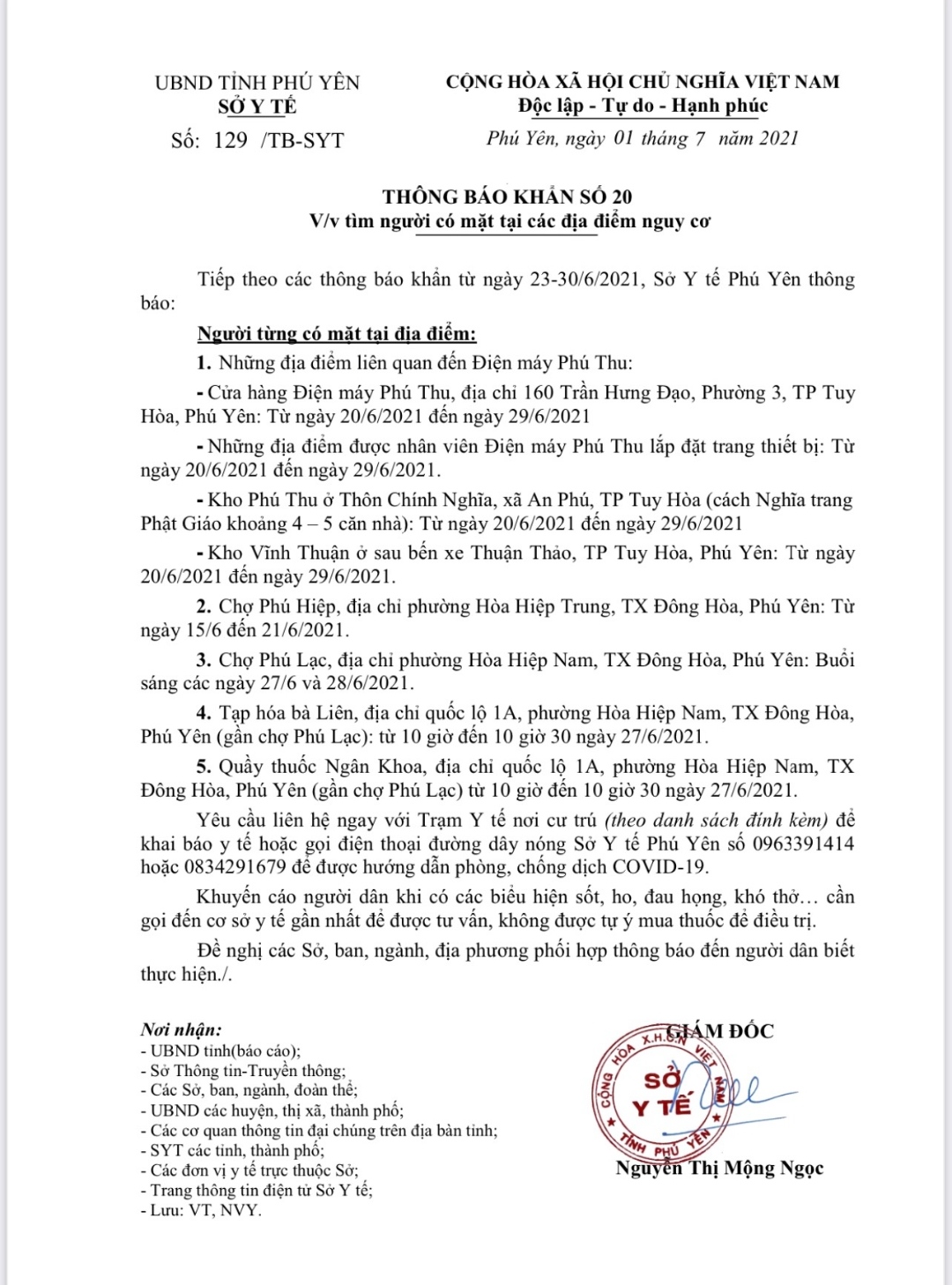 TB KHẨN SỐ 20 V/V TÌM NGƯỜI CÓ MẶT TẠI CÁC ĐỊA ĐIỂM CÓ NGUY CƠ