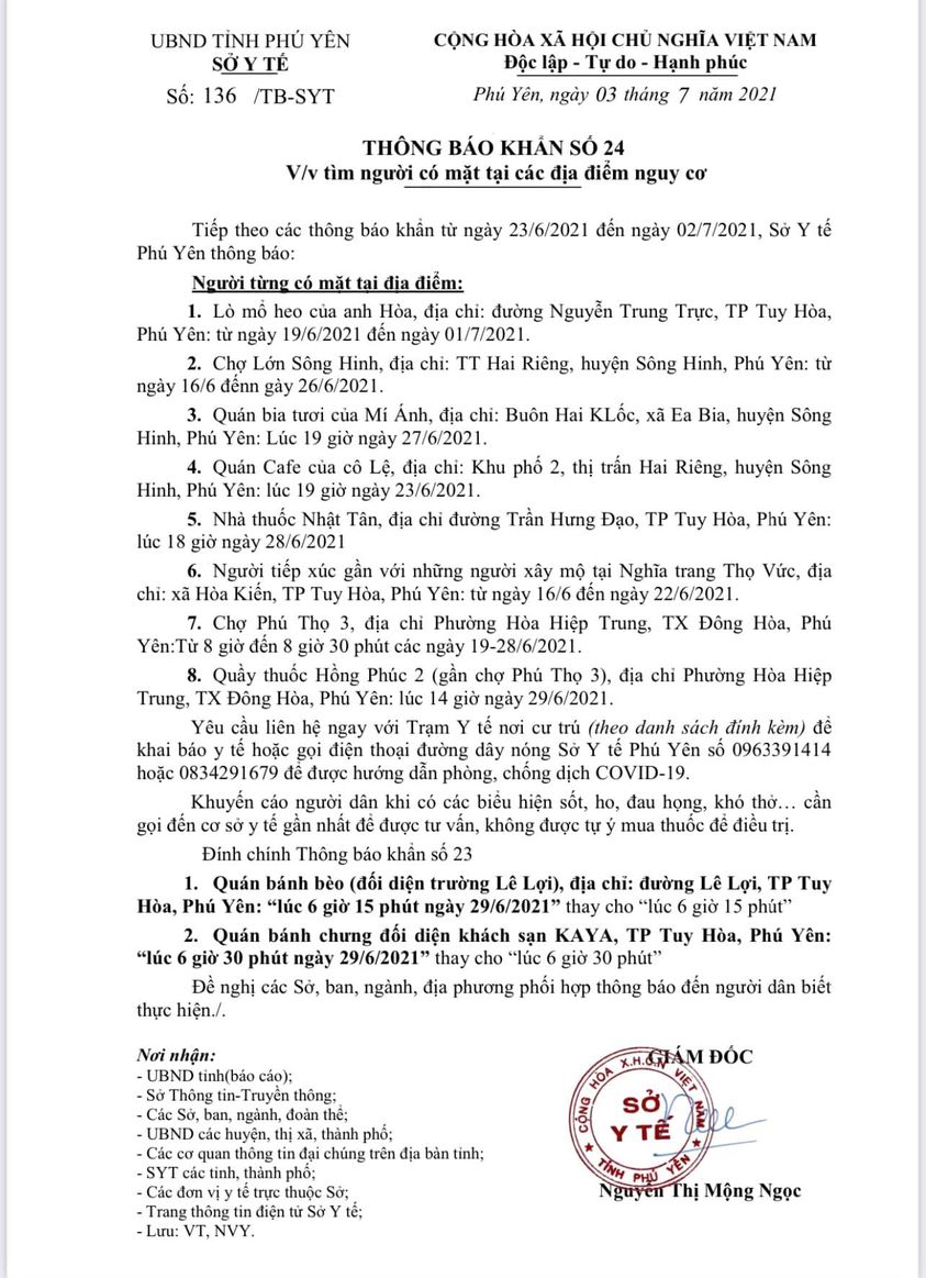 TB KHẨN SỐ 24 V/V TÌM NGƯỜI CÓ MẶT TẠI CÁC ĐỊA ĐIỂM CÓ NGUY CƠ