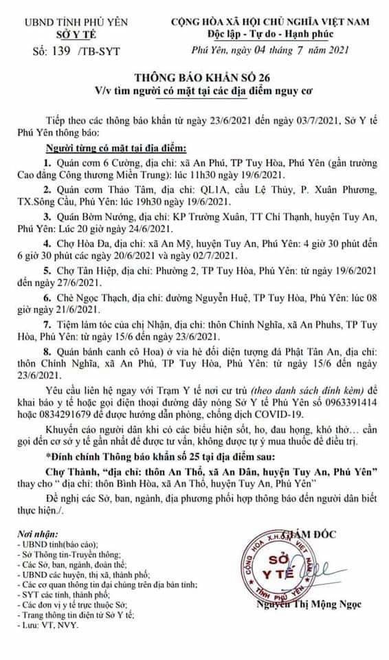 TB KHẨN SỐ 26 V/V TÌM NGƯỜI CÓ MẶT TẠI CÁC ĐỊA ĐIỂM CÓ NGUY CƠ