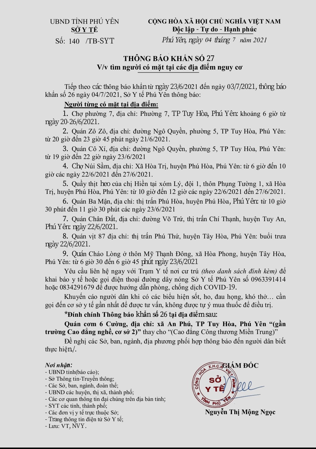 TB KHẨN SỐ 27 V/V TÌM NGƯỜI CÓ MẶT TẠI CÁC ĐỊA ĐIỂM CÓ NGUY CƠ