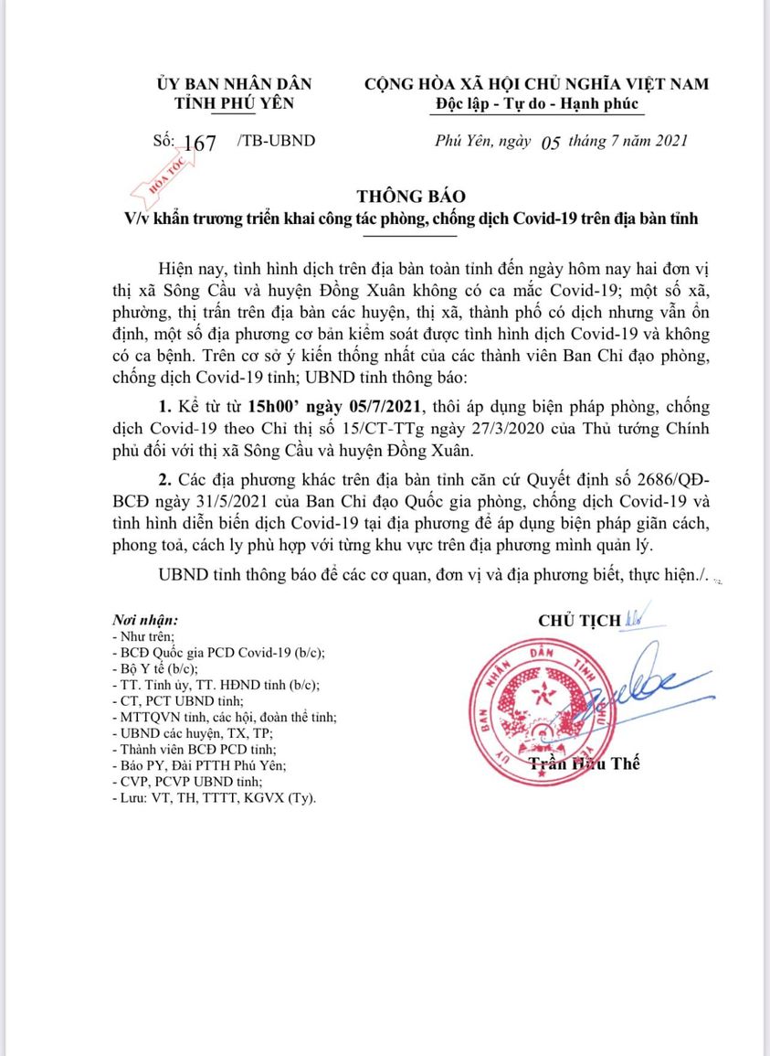 167/TB-UBND V/v khẩn trương triển khai công tác phòng, chống dịch Covid-19 trên địa bàn toàn tỉnh