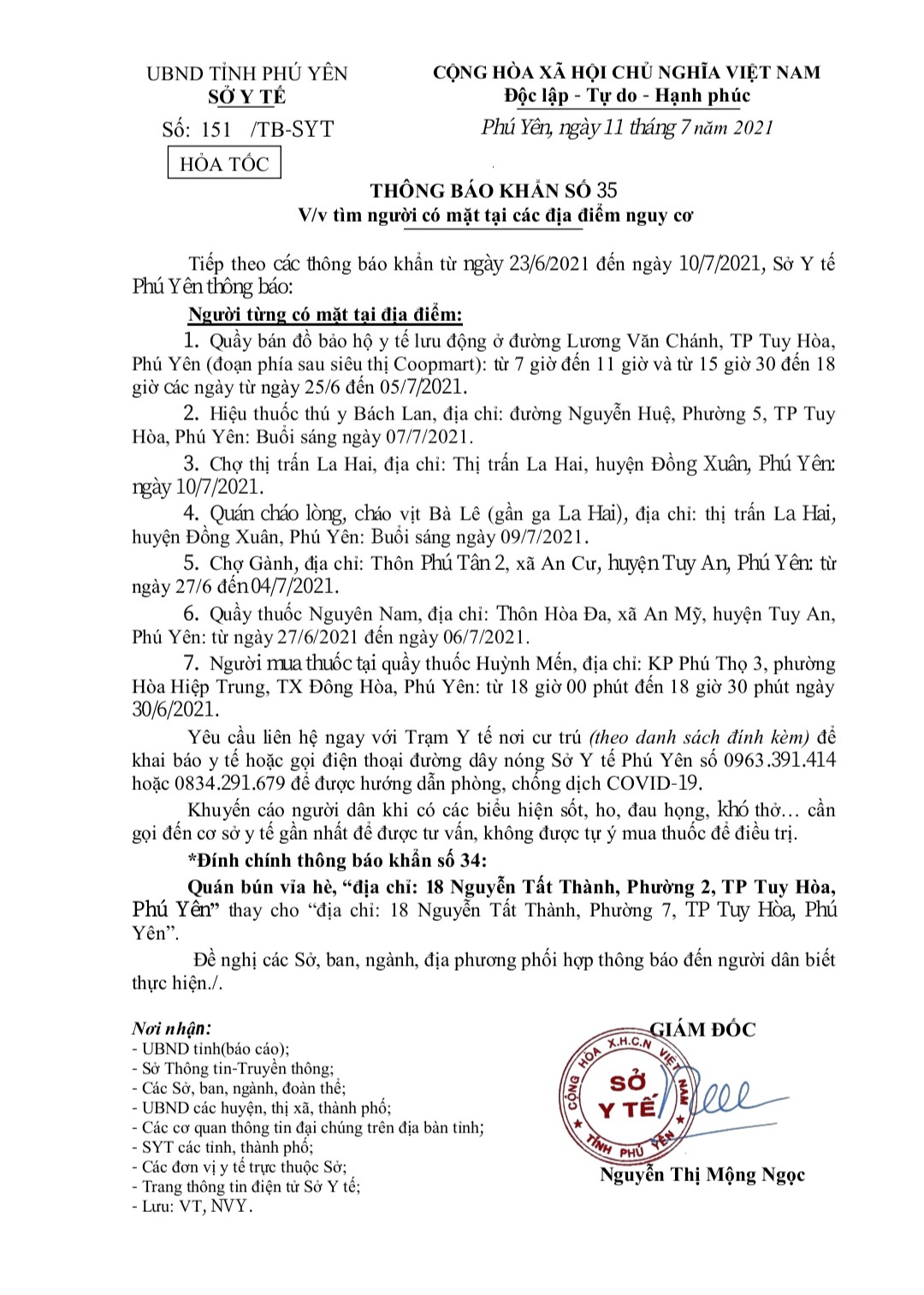 TB KHẨN SỐ 35 V/V TÌM NGƯỜI CÓ MẶT TẠI CÁC ĐỊA ĐIỂM CÓ NGUY CƠ