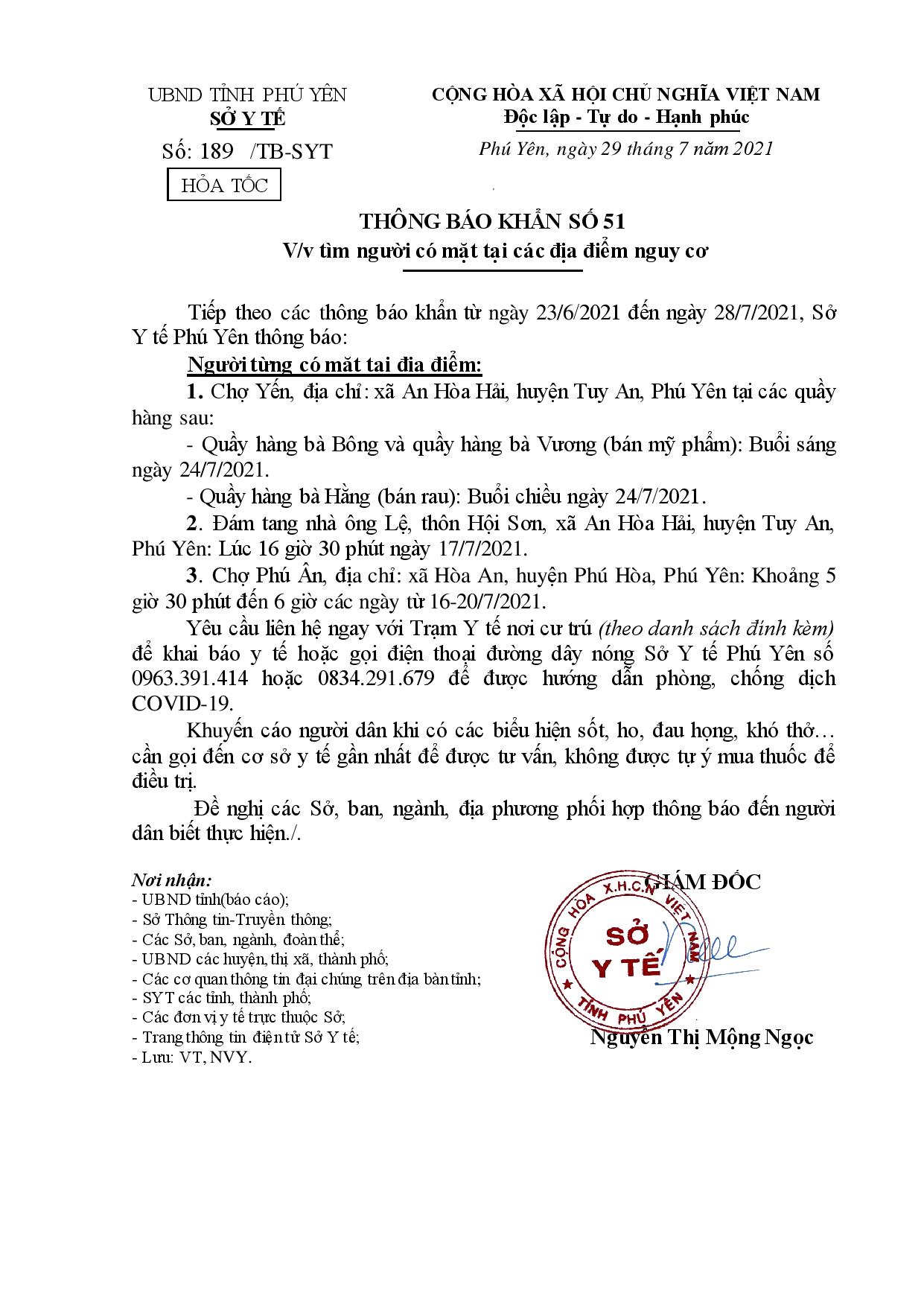 TB KHẨN SỐ 51 V/V TÌM NGƯỜI CÓ MẶT TẠI CÁC ĐỊA ĐIỂM CÓ NGUY CƠ