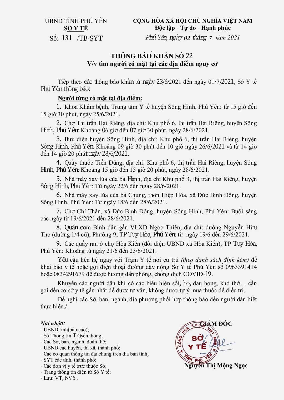 TB KHẨN SỐ 22 V/V TÌM NGƯỜI CÓ MẶT TẠI CÁC ĐỊA ĐIỂM CÓ NGUY CƠ