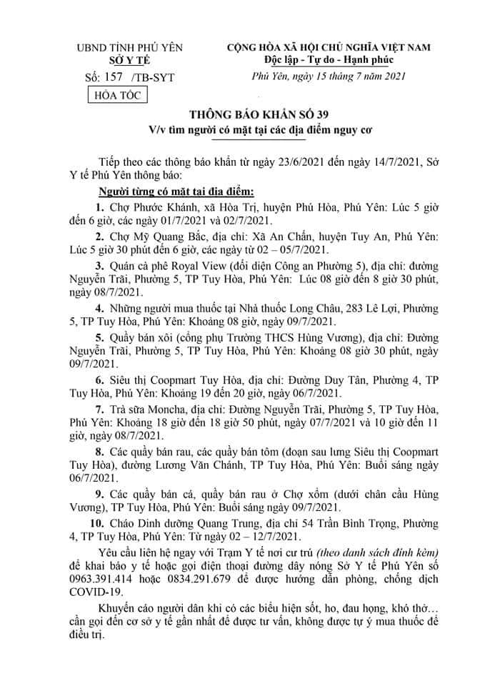 TB KHẨN SỐ 39 V/V TÌM NGƯỜI CÓ MẶT TẠI CÁC ĐỊA ĐIỂM CÓ NGUY CƠ (1)