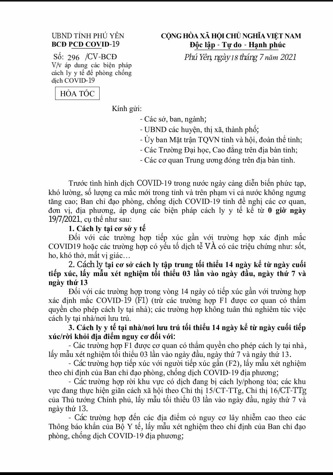 Số 296/CV-BCĐ V/v áp dụng các biện pháp cách ly y tế để phòng chống dịch COVID-19 (1)