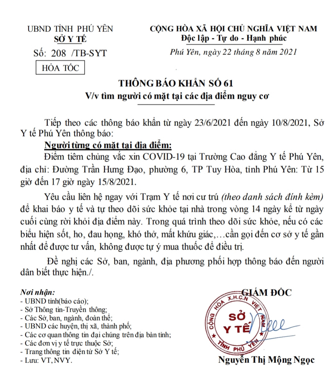 TB KHẨN SỐ 61 V/V TÌM NGƯỜI CÓ MẶT TẠI CÁC ĐỊA ĐIỂM CÓ NGUY CƠ