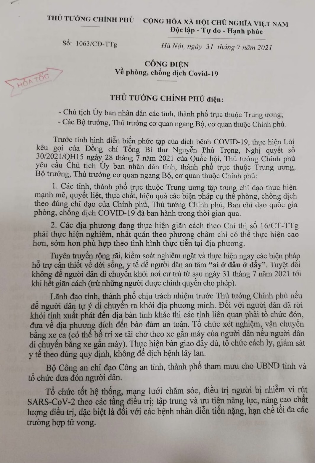 1063/CĐ-TTg CÔNG ĐIỆN Về phòng, chống dịch Covid-19 (1)
