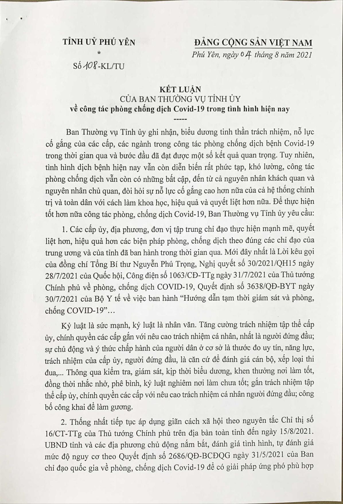 108-KL/TU KẾT LUẬN CỦA BAN THƯỜNG VỤ TỈNH UỶ về công tác phòng chống dịch Covid-19 trong tình hình hiện nay (1)