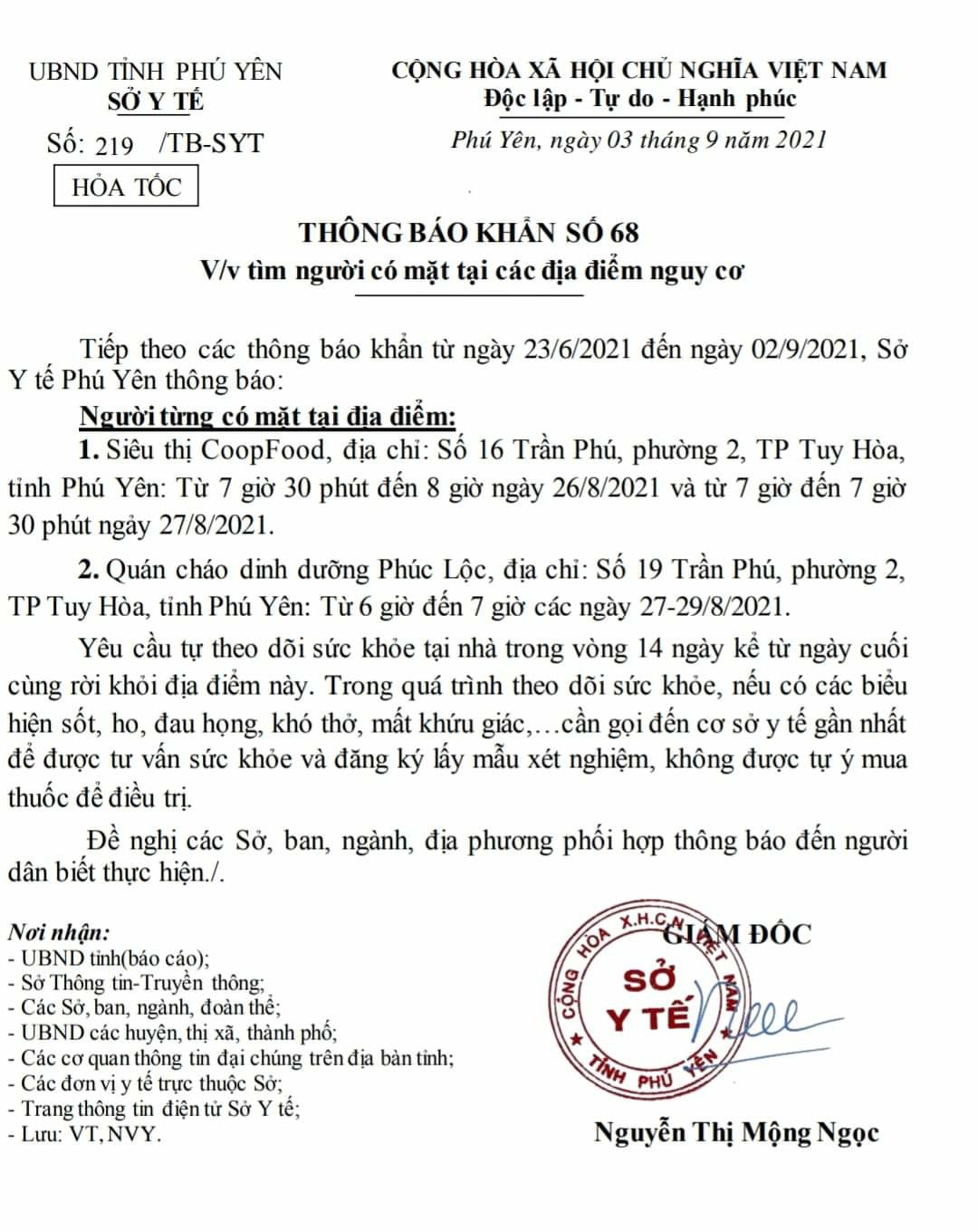 TB KHẨN SỐ 68 V/V TÌM NGƯỜI CÓ MẶT TẠI CÁC ĐỊA ĐIỂM CÓ NGUY CƠ