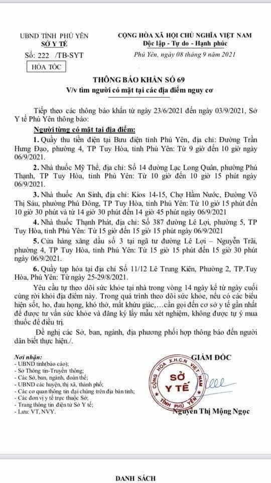 TB KHẨN SỐ 69 V/V TÌM NGƯỜI CÓ MẶT TẠI CÁC ĐỊA ĐIỂM CÓ NGUY CƠ