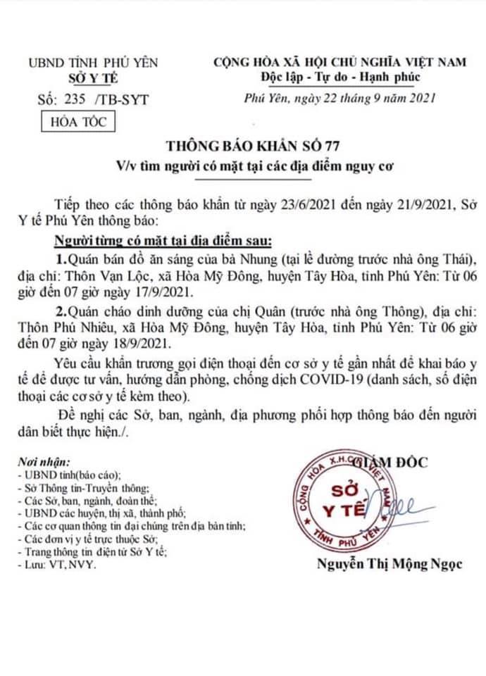 TB KHẨN SỐ 77 V/V TÌM NGƯỜI CÓ MẶT TẠI CÁC ĐỊA ĐIỂM CÓ NGUY CƠ