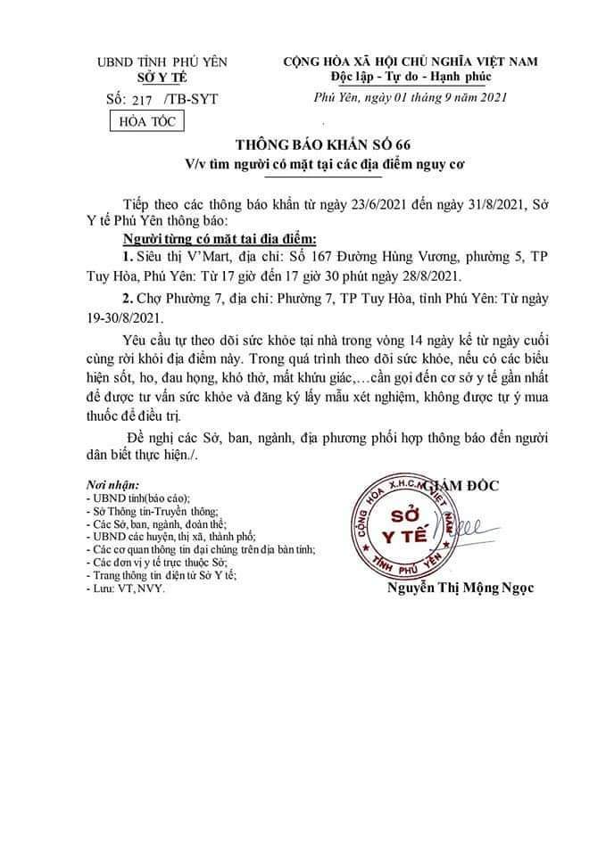TB KHẨN SỐ 66 V/V TÌM NGƯỜI CÓ MẶT TẠI CÁC ĐỊA ĐIỂM CÓ NGUY CƠ
