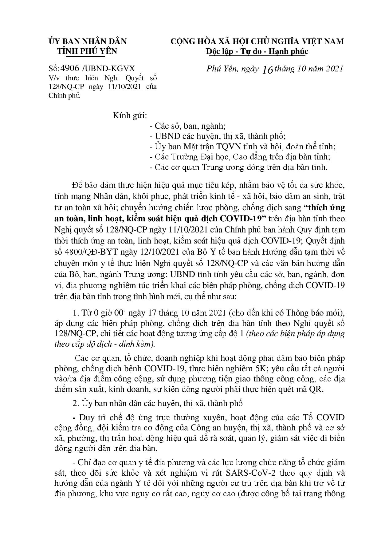 Số 4906/UBND-KGXV V/v thực hiện Nghị Quyết số 128/NQ-CP ngày 11/10/2021 của Chính phủ (1)