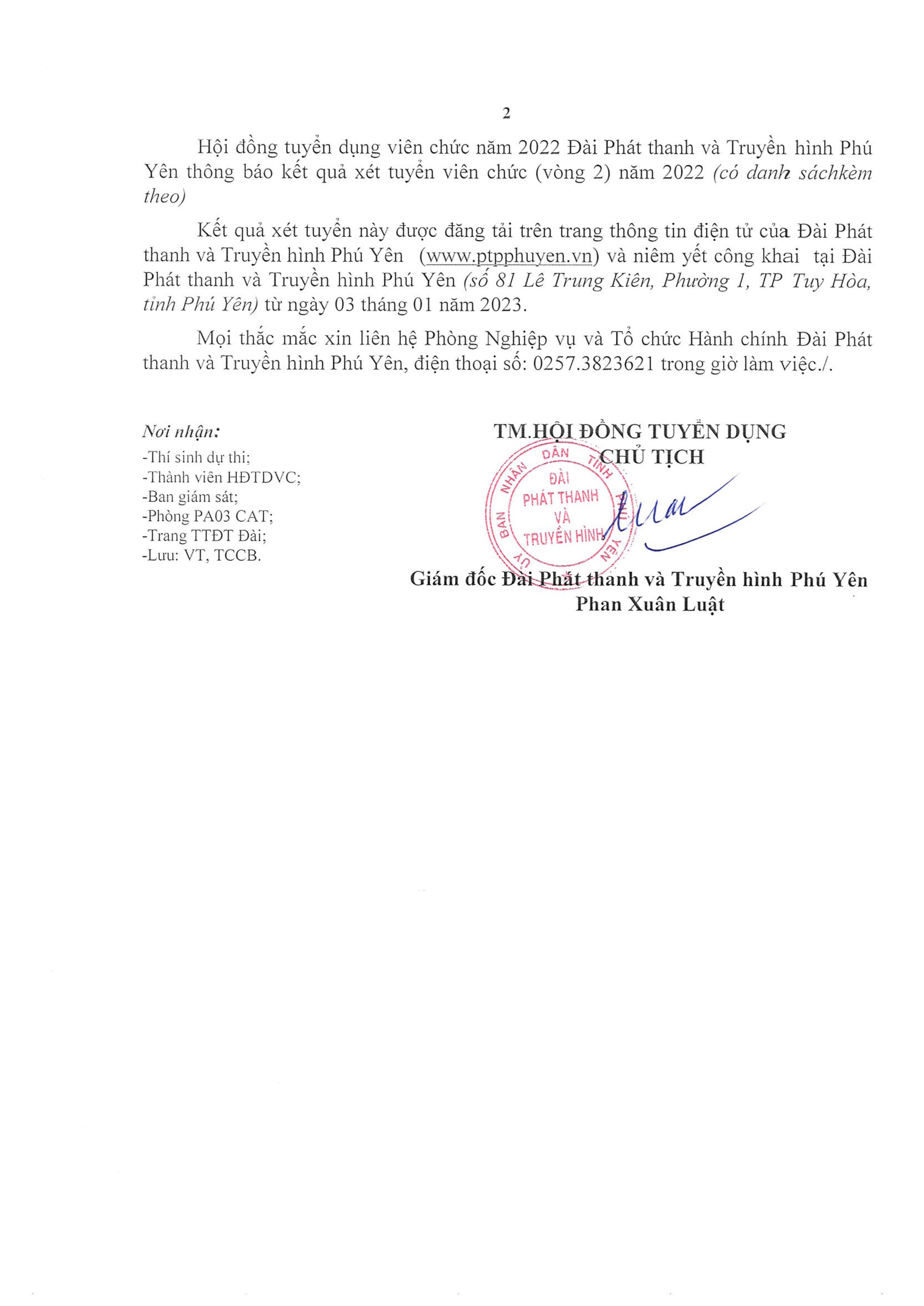 Thông Báo: Kết quả xét tuyển viên chức (vòng 2) năm 2022 - Đài Phát Thanh và Truyền hình tỉnh Phú Yên (2)